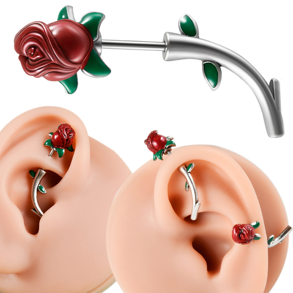 1PC Surgical Steel  Red Rose F - Rook Curved Barbell ulasan dan harga